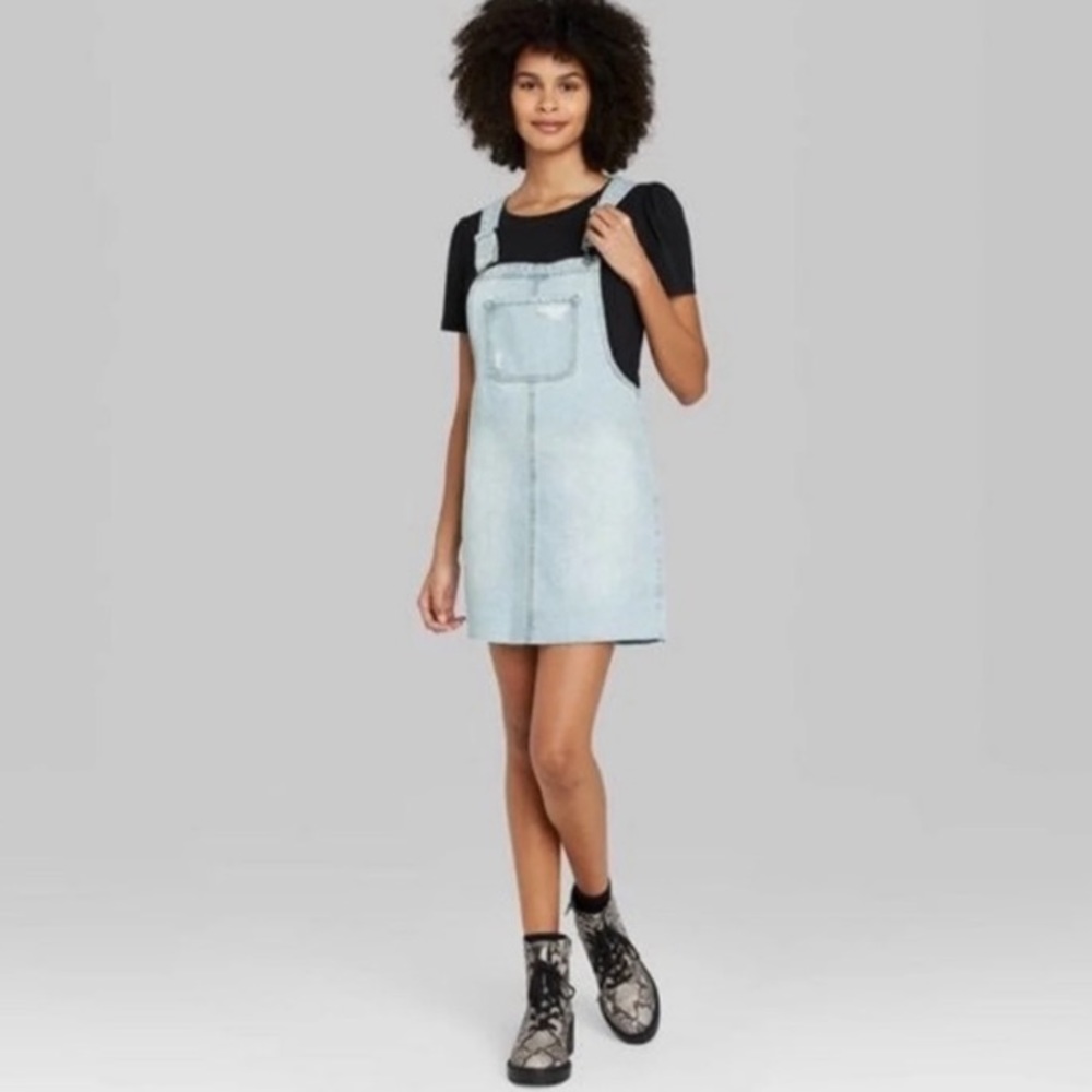 Wild Fable Denim Overall Skirt Jumper Pinafore Dress Light Wash Raw Hem